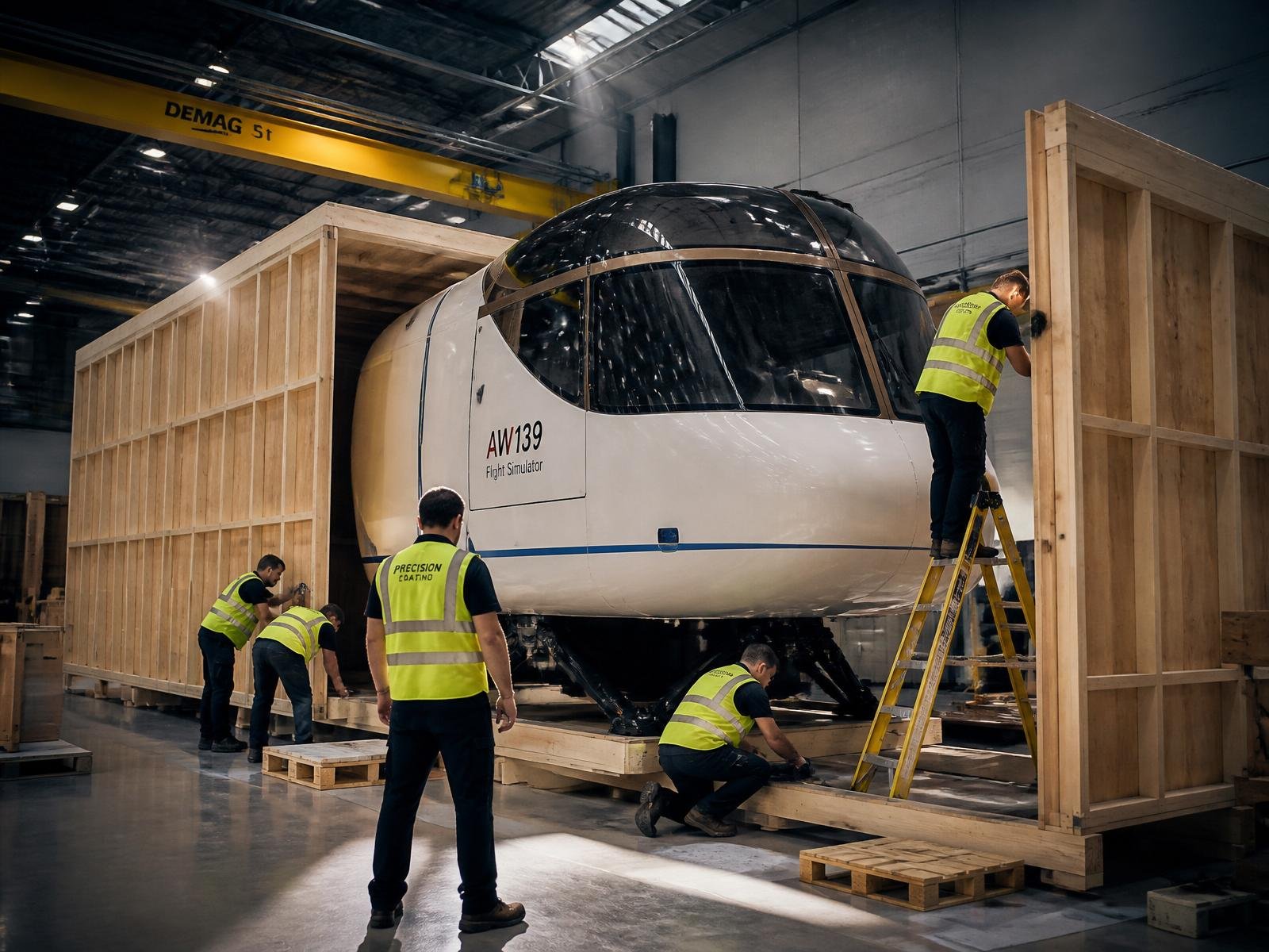 Industrial crew crating a helicopter flight simulator