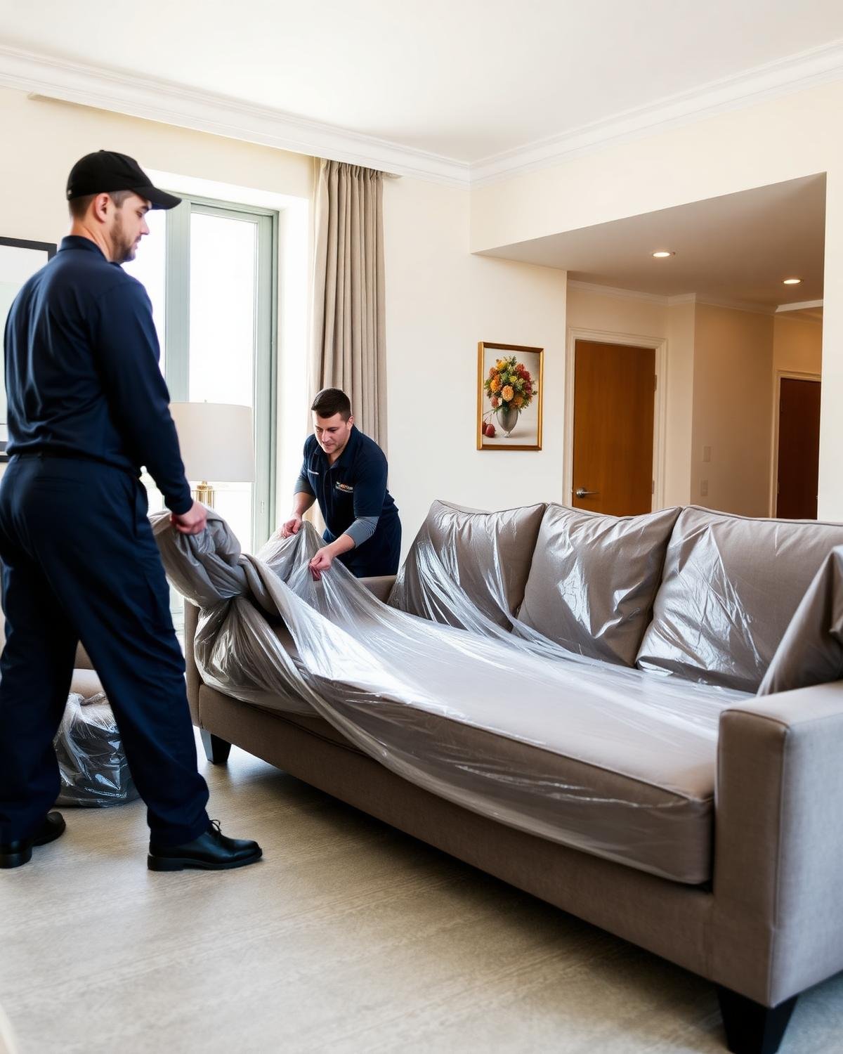 Movers wrapping a sofa in a Karachi living room