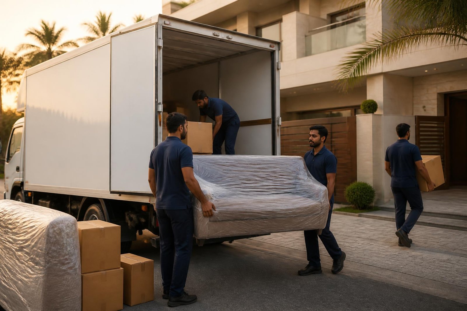 Moving Forward crew loading a moving truck at a Karachi villa